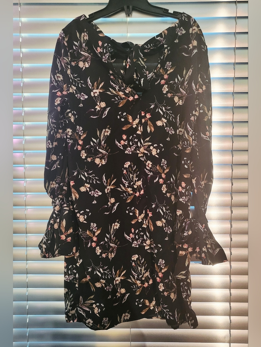 Fared Sleeve Floral Long Sleeve Blouse with Three Ties